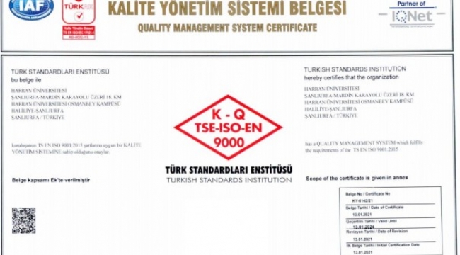 Harran Üniversitesi&#39;nin kalite yolculuğu, TSE tarafından tescillendi;